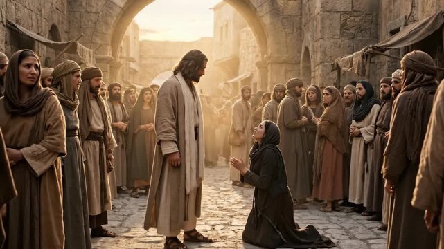 Jesus standing in ancient city street while desperate woman kneels before him. Religious figure blessing follower among crowd. Biblical scene of divine encounter.