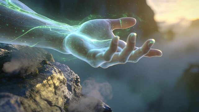 Emerging clear forearm sliding on rock ledge at dusk with veins pulsing opening palm releasing glow