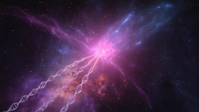 Red spiked particle accepting incoming DNA helices, forming bright junction, erupting for science