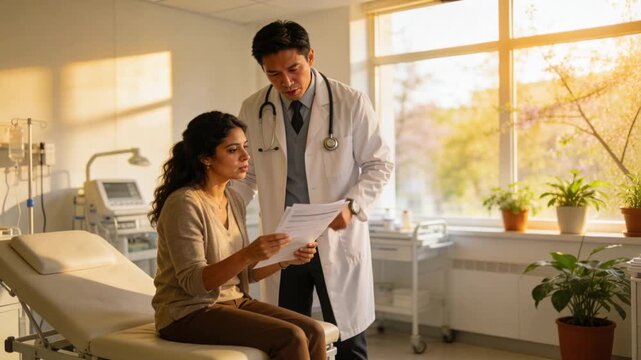 Receiving report, patient following doctor in labcoat pointing with stethoscope in clinic to review