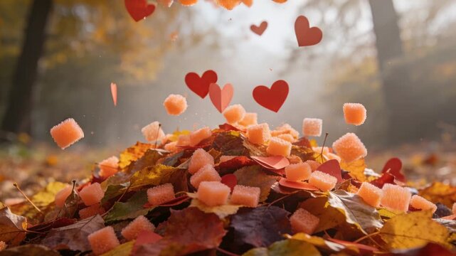 Falling pink foam cubes and red heart cutouts settling on pile of autumn leaves at forest