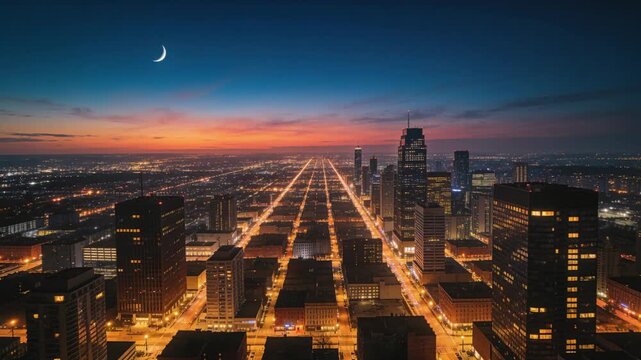Sunset fading downtown skyline shifting into night from aerial, with glowing street grid and moon