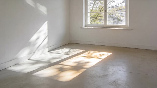 Shifting sunlit patches showing branch shadows on white floor, moving from foliage outside window