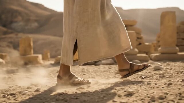Man wearing traditional linen robe and sandals walking through desert ruins. Catholic religious pilgrimage journey. Biblical scenery of holy land past travel life.