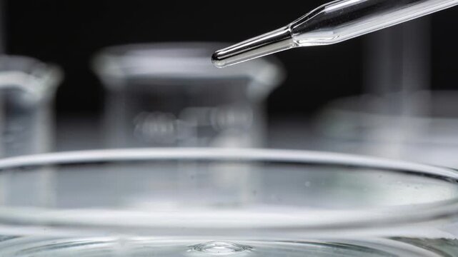 Dripping glass pipette tip releasing liquid on pull above glass dish for transfer, creating ripple