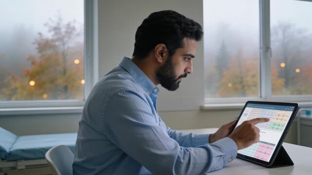 Tapping doctor in light blue shirt pointing and scrolling tablet on folio stand in clinic
