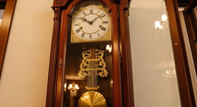 Elegant antique grandfather clock with gold pendulum and roman numerals in classic setting