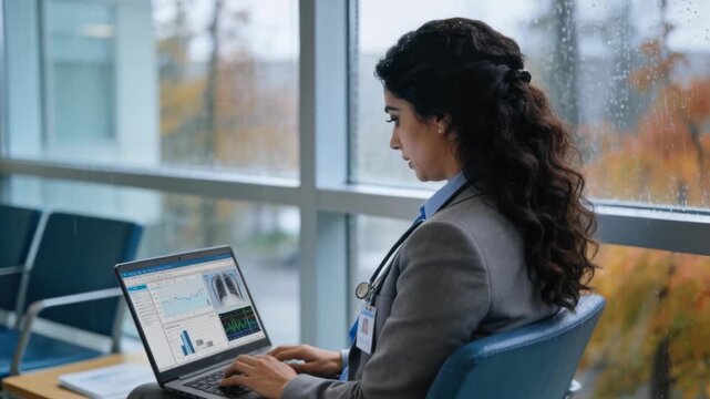 Typing doctor in blazer in clinic viewing laptop charts by rainy window, stethoscope, copy space