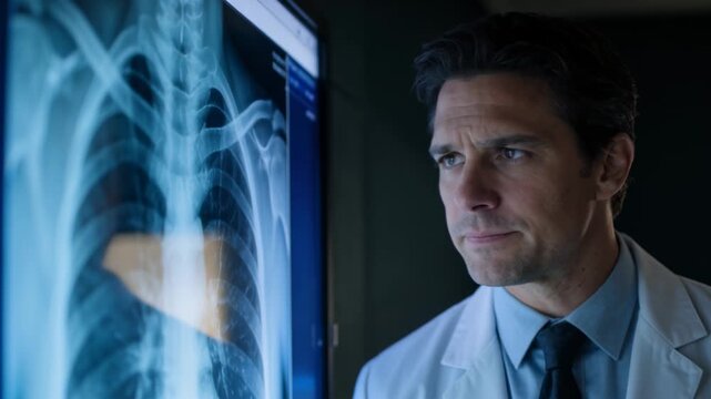 Zooming camera urging doctor in white coat leaning studying chest xray display in clinic for review