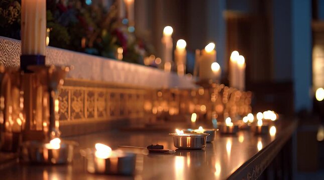 Man Lighting Candles in Church Sanctuary.
