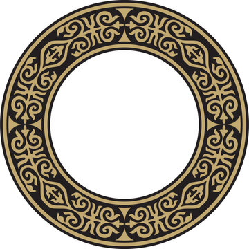 Kazakh national round gold and black ornament frame. Ethnic pattern. The circle ring reflects nomadic culture. Suitable for design and textiles.