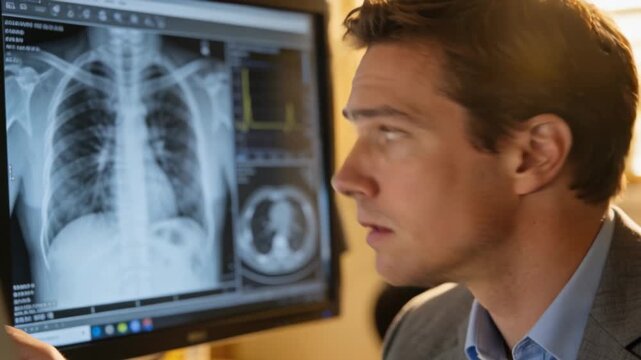 Leaning doctor wearing grey jacket reviewing chest xray and CT scan at desk, touching monitor