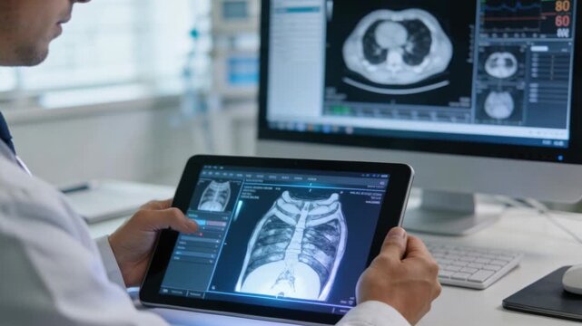 Viewing CT slice, lab coat doctor manipulating chest CT on tablet at desk comparing monitor vitals