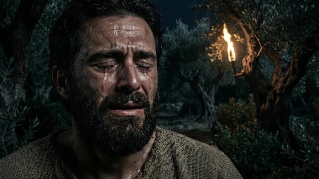 Jesus weeping in Gethsemane garden at night. Man in traditional robes praying with tears. Catholic religious scene depicting sorrow and faith, prayer concept.