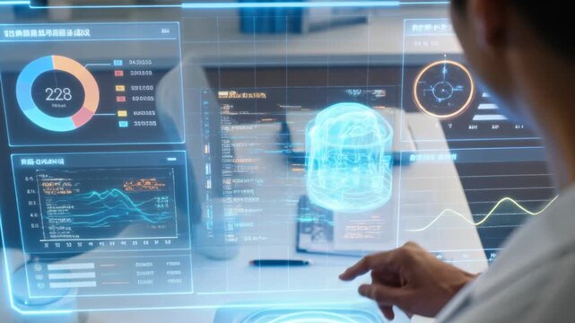 Doctor studying medical hologram at desk, tapping cross, activating gauge and analyzing data