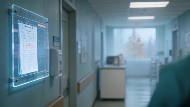 Clinician pointing at clear screen, tapping and selecting chart for patient review, turning to hall