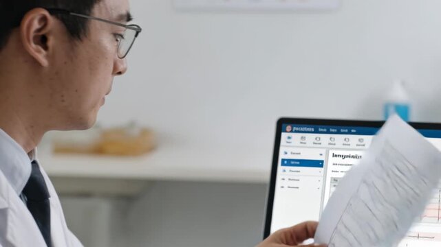 Doctor typing on laptop and glancing at monitor, animated waveform updating while charting results