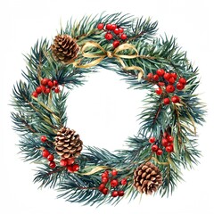 Fototapeta premium Christmas wreath of pine branches and red berries