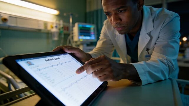 Male physician stabilizing tablet, tracing on-screen ECG graphs and correlating health data