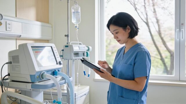 Nurse reading tablet, tapping screen, checking ventilator and inspecting IV to confirm rate