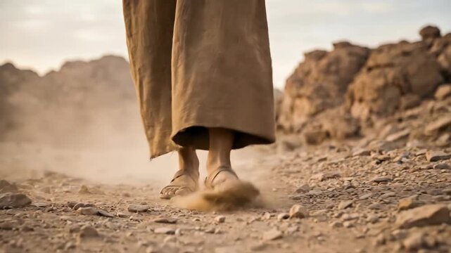 Jesus walking through a desert landscape in robes and sandals. Man traveling across arid terrain on foot. Spiritual journey and biblical pilgrimage life concept.