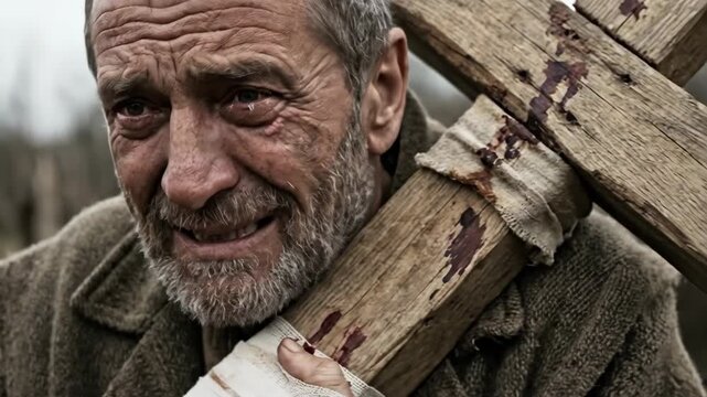 Sad man carrying a wooden cross on his shoulder. Religious scene representing suffering and faith. Cinematic portrayal of a sacrifice for mankind in prayer.