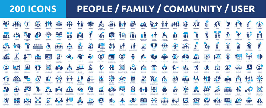 Huge set of 200 solid icons. Mega collection concept of people, family, community, population, group and user. Vector illustration.