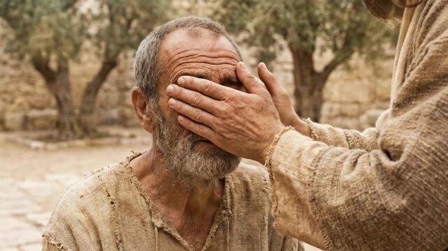 Jesus christ healing a blind man by touching his eyes with miraculous light. Biblical scene of divine miracle and restoration of sight in ancient setting.