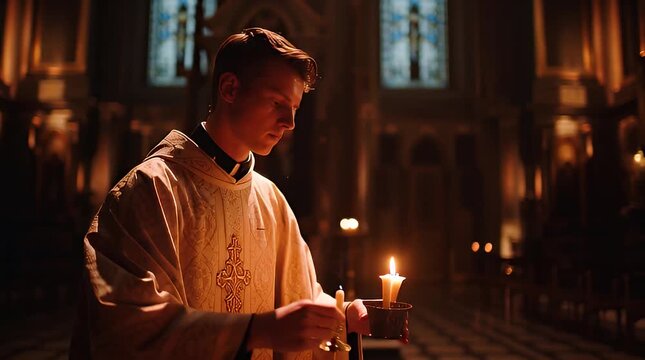 Priest lighting candles in church.