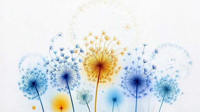 Colorful abstract dandelions on textured white canvas with gentle blooms