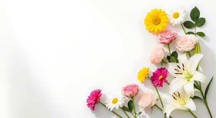Obraz premium Floral arrangement of colorful blossoms on a white background with copy space