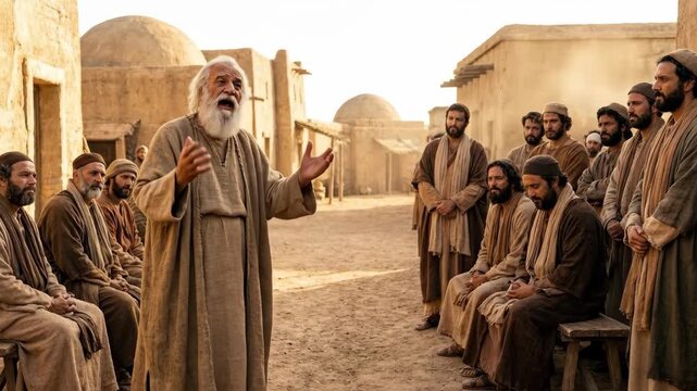 Ancient prophet speaking to a gathering of men in a desert village. Biblical scene depicting a sermon and religious teaching in historical Middle East setting.