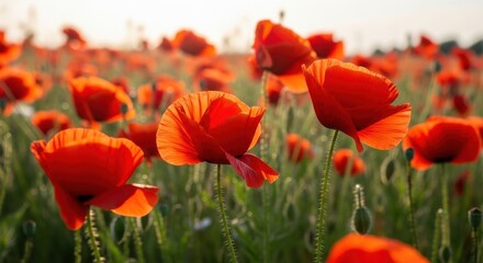 Obraz premium Scarlet Red Poppies in Bloom Under Soft Sunlight in a Vast Field