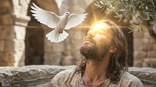 Jesus with long brown hair baptized in water with flying white dove. Biblical scene depicting spiritual transformation and divine light in ancient stone structure.