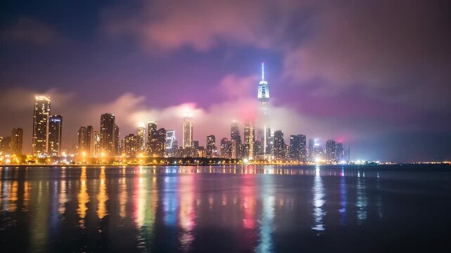 Night City Skyline Lightning Storm Reflection on Water.