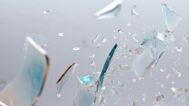 ?Shattered glass pieces in slow motion exploding against a gray background