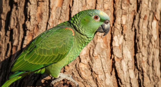 Vibrant Green Amazon Parrot Perched on Rough Tree Bark in Natural Sunlight