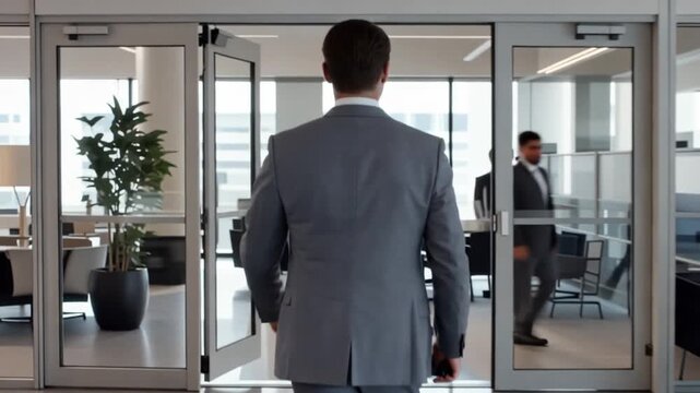 Businessman walks through modern office building with coworkers in background