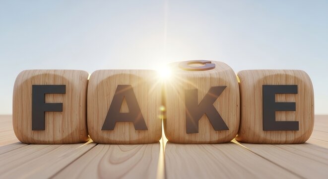 Wooden alphabet blocks spell the word fake demonstrating deception concept under bright sunlight