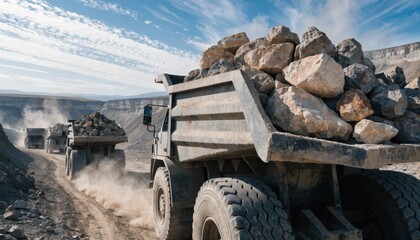 Obraz premium Medium shot of openpit bauxite mining operation under bright sun showcasing heavy haul trucks transporting raw material with dusty terrain in the background.