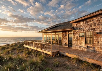 Obraz premium Coastal Contemporary House Exterior Golden Hour Timber Shingles Ocean View Wrap Around Deck Dune Grass 