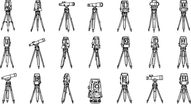 Surveying Instruments: Theodolites and Total Stations on Tripods - Black and White Line Art