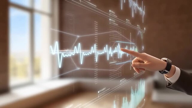 Futuristic tech dashboard interface with synchronized heartbeat pulses and KPI nodes, human hand interacting with holographic data display in modern office