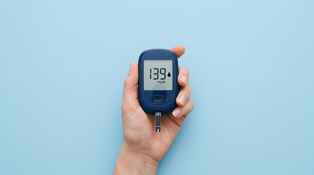 Hand holding a blood glucose meter with a reading of 139 mg/dL on a blue background, diabetes management and monitoring concept