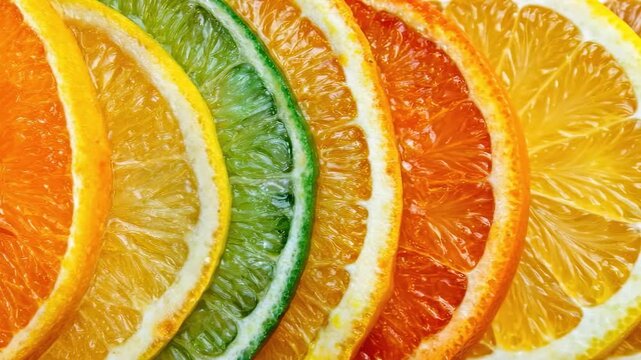 Colorful citrus fruit slices creating a vibrant rainbow pattern