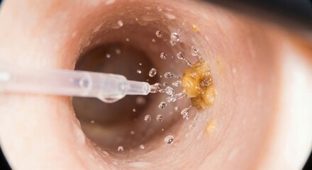 Fototapeta premium Water splashing on earwax during ear irrigation procedure