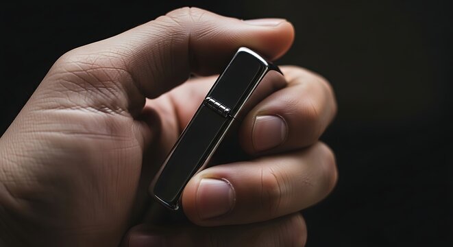 Close Up of Person Holding Open Chrome Metal Petrol Lighter Against Dark Background