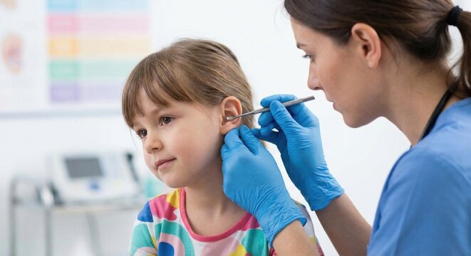 Pediatrician cleaning young girl's ear in clinic