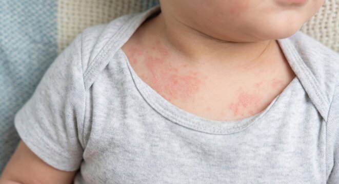 Close-up of baby with red heat rash on chest