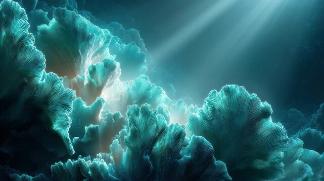 60 FPS Underwater sunbeams sweep across turquoise coral like formations with slow drifting parallax
